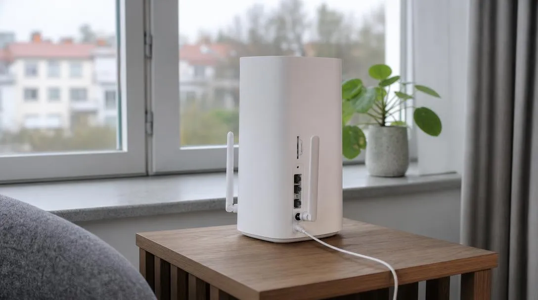 5G-router placerad vid ett fönster för test av mobil signal