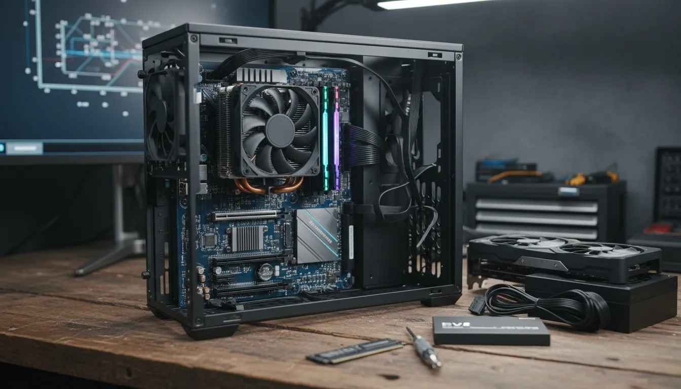 Datorkomponenter som CPU, moderkort, RAM och grafikkort utlagda inför ett datorbygge
