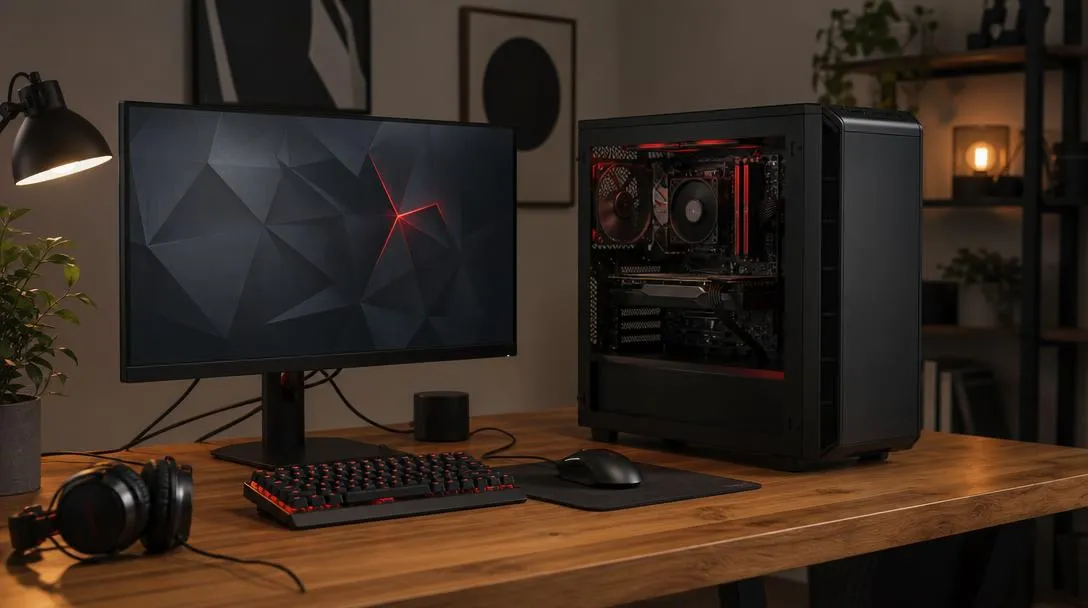 Stationär gamingdator med bildskärm och tillbehör på ett skrivbord