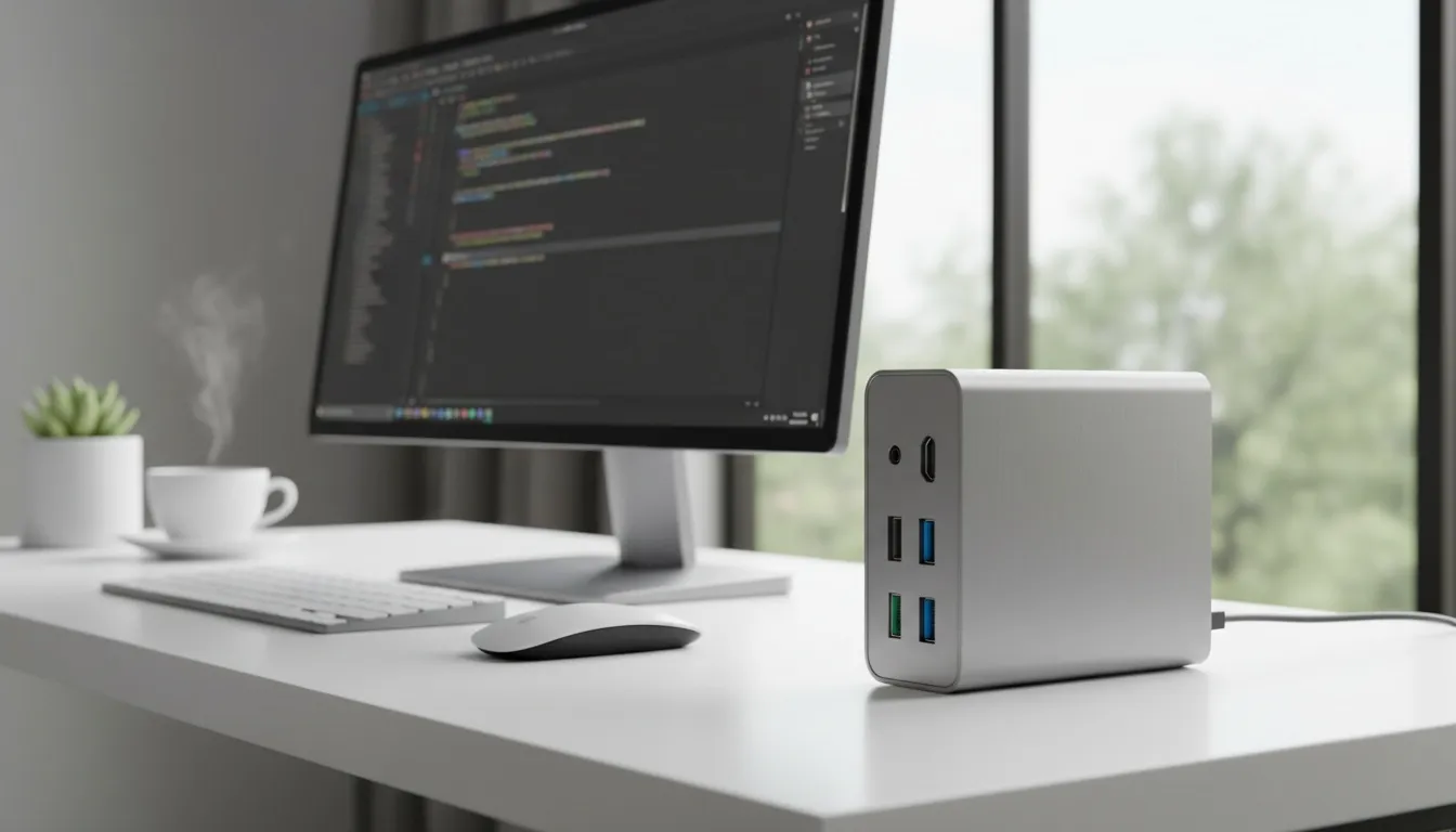 Kompakt mini-PC på ett skrivbord bredvid en skärm i en hem-office-miljö
