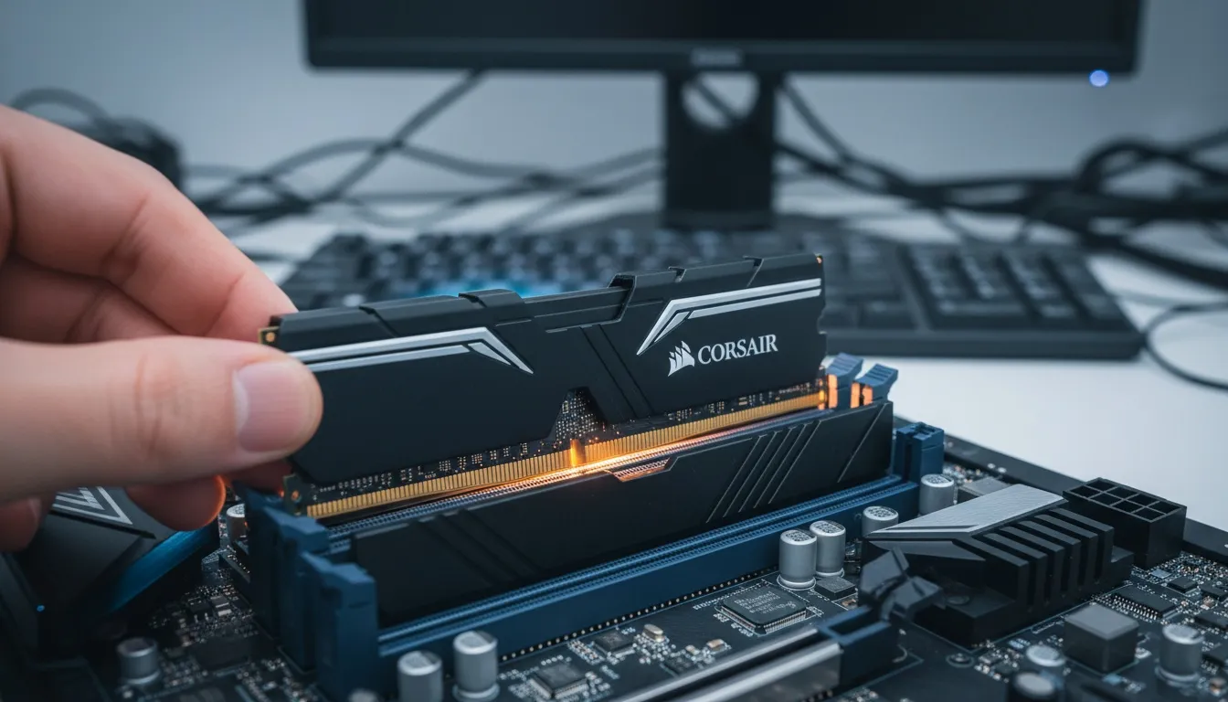 Två RAM-moduler på väg att monteras i DIMM-platserna på ett moderkort