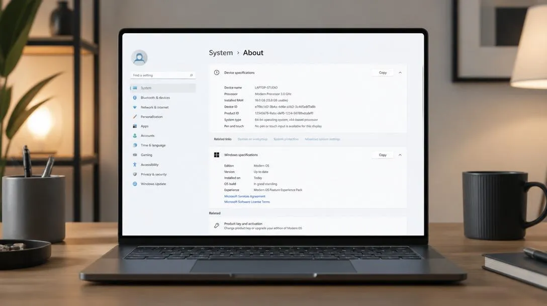 Person kontrollerar Windows-version i Om Windows-fönstret på en datorskärm