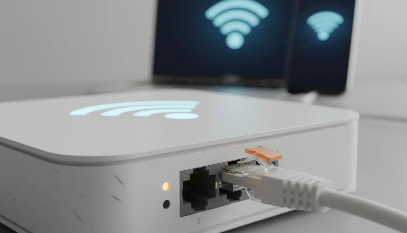 Nätverkskabel kopplad till en router bredvid trådlösa enheter i ett hem